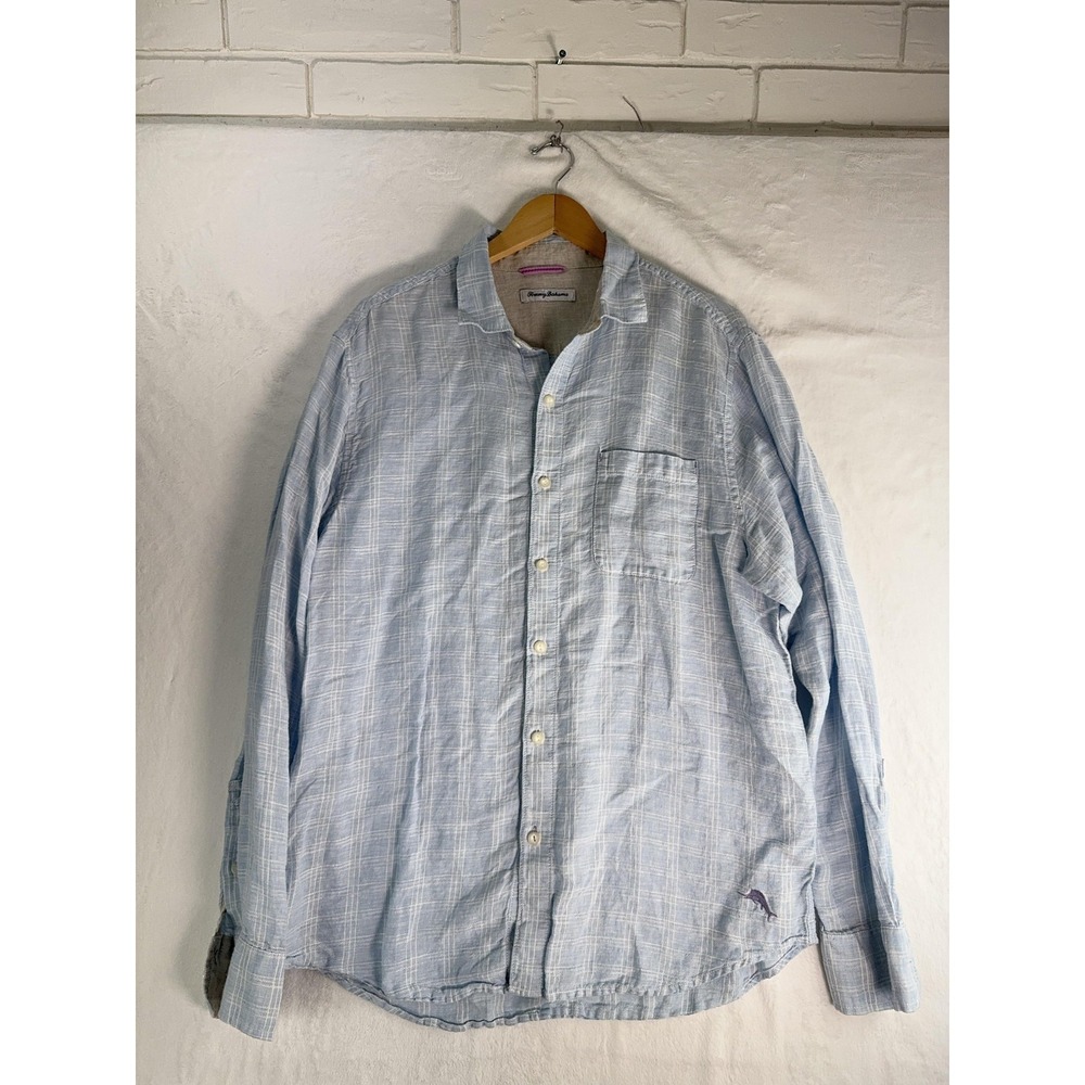 Tommy Bahama Shirt Mens Large Blue Linen‎ Button Front Long Sleeve Plaid Casual